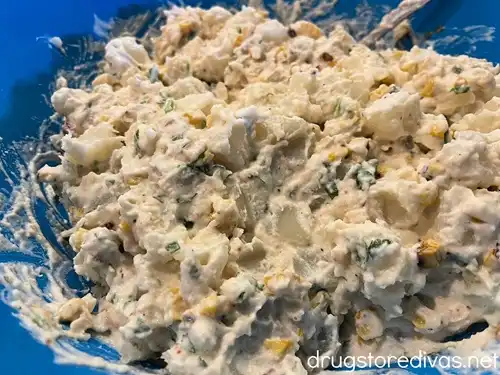 Mexican Street Corn Potato Salad in a blue bowl.