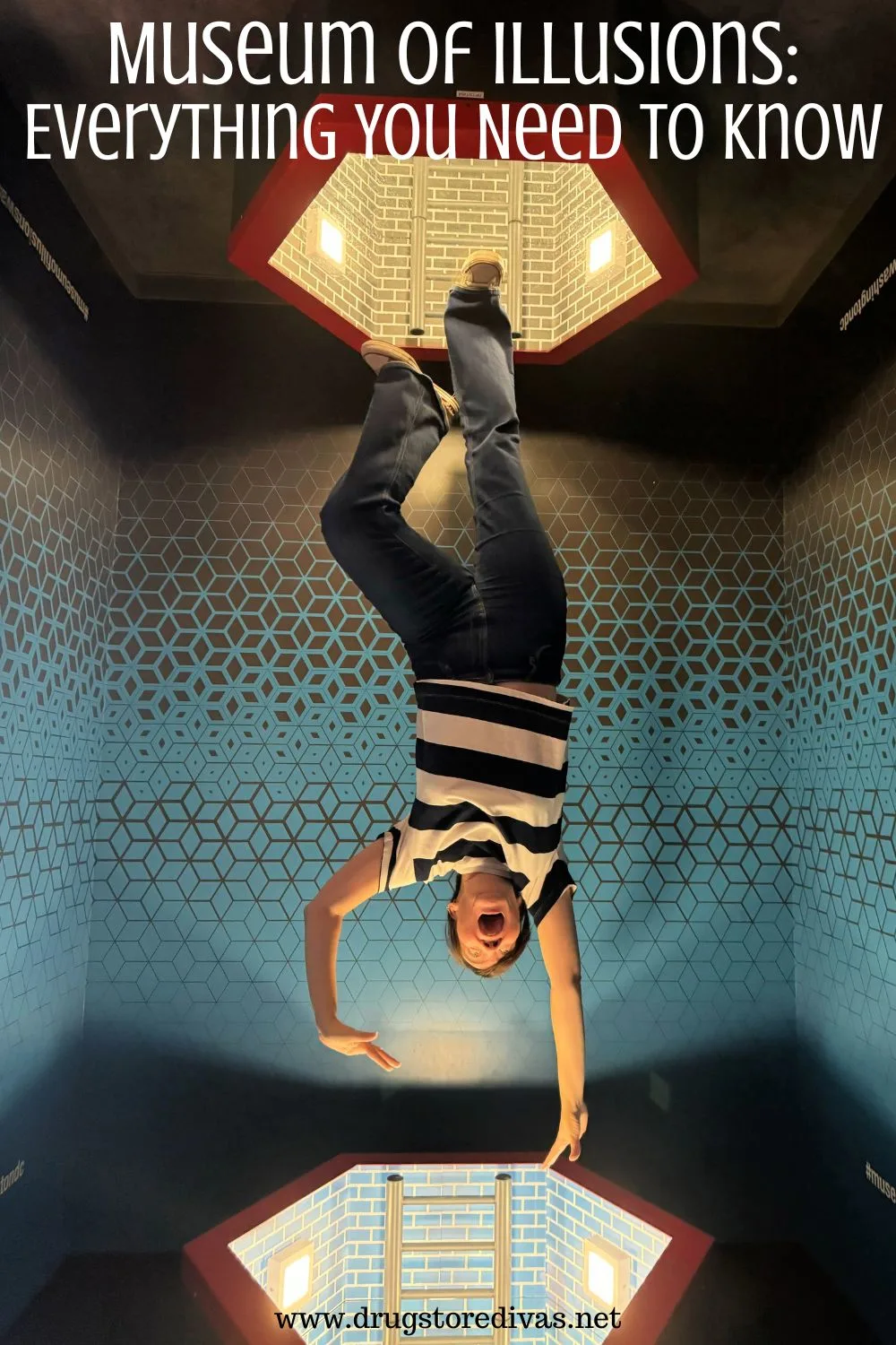 A woman who looks like she is falling through a hole in the ceiling and floor, in an optical illusion, with the words 