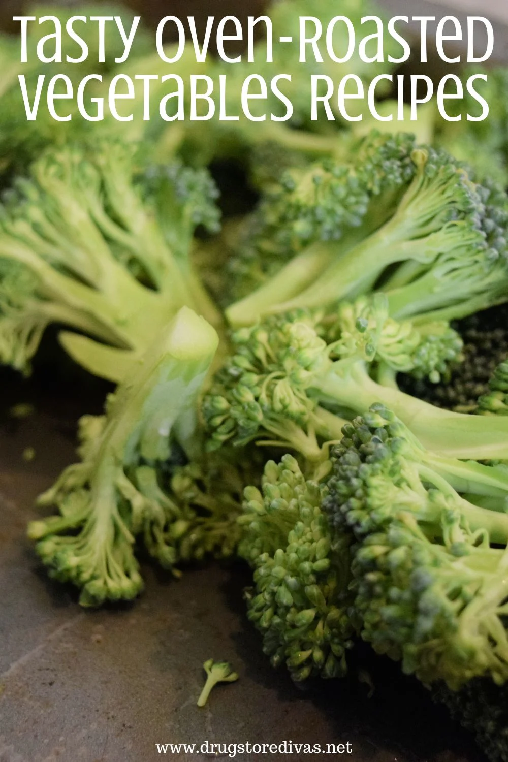 Broccoli florets on a pan with the words 