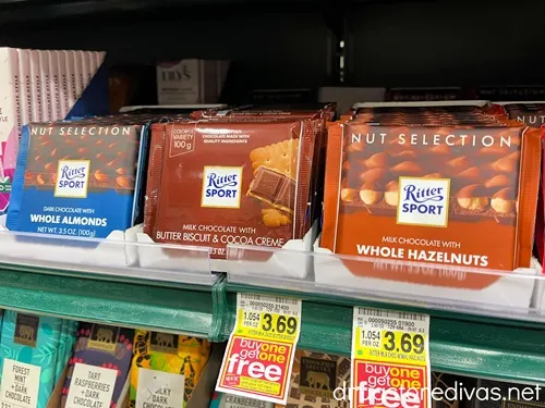 Ritter Sport Chocolate bars on the shelf at a store.
