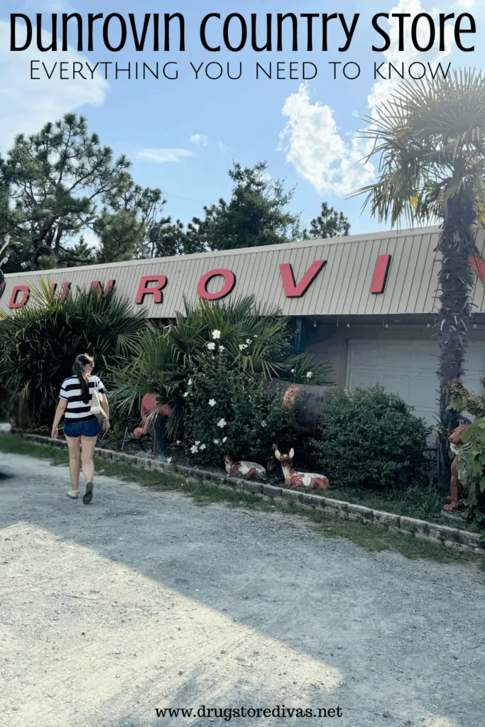 A woman in a parking lot about to walk into a large building with the words "Dunrovin County Store: Everything you need to know" digitally written above her.