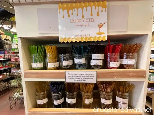 A display of flavored honey sticks for sale at the Dunrovin Country Store in Vass, NC.