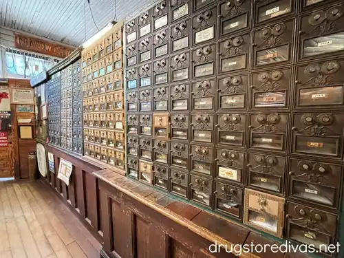 A vintage post office mailbox set up at Mast General Store in North Carolina.