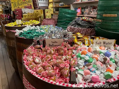 Baskets filled with penny candy for sale in Mast General Store in North Carolina.
