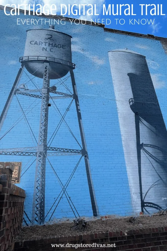 A mural of two water towers with the words "Carthage Digital Mural Trail: everything you need to know" digitally written on top.