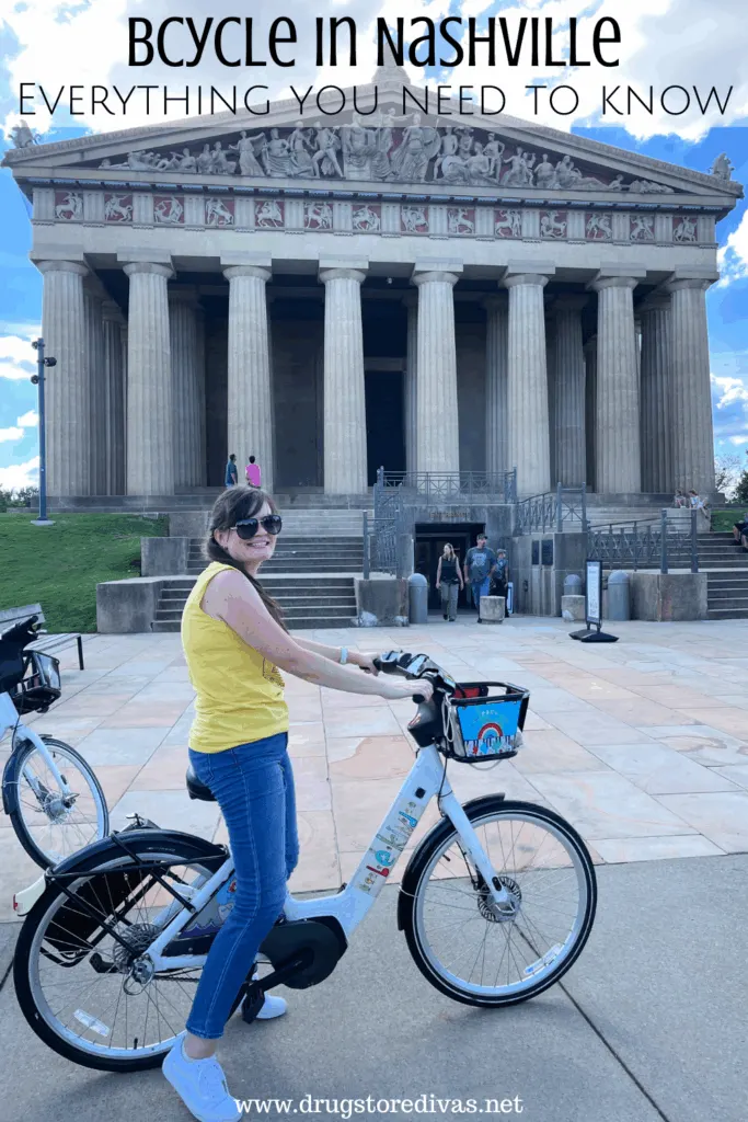 A woman in a yellow tank top on a bike in front of the Parthenon in Nashville with the words "BCycle In Nashville everything you need to know" digitally written above her.