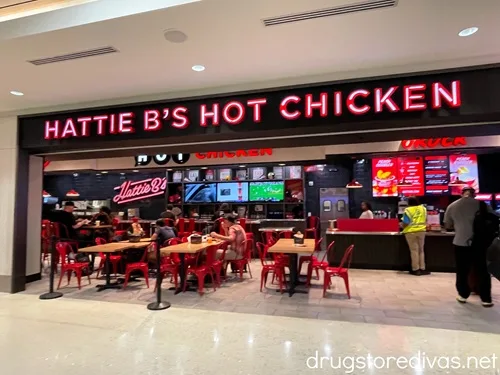 The outside of a Hattie B's Hot Chicken restaurant in the Nashville Airport.