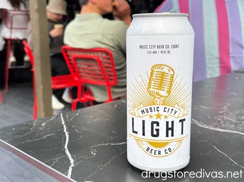 A can of Music City Light Beer on a table in a bar in Nashville.