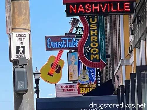 Neon signs advertising bars on Broadway in Nashville.