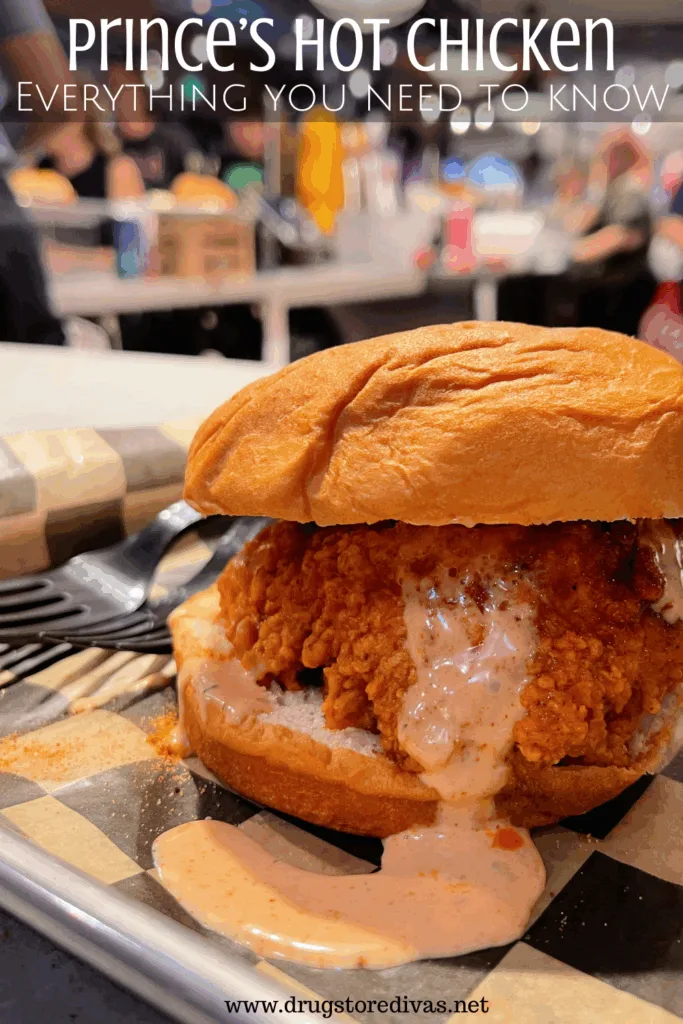 A chicken sandwich on a bun with ranch dripping out and the words "Prince's Hot Chicken Everything you need to know" digitally written on top.