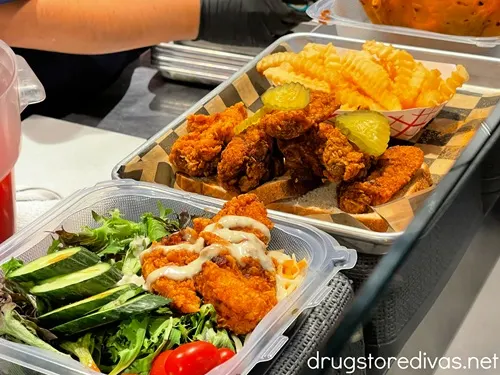A chicken salad and a chicken plate at Prince's Hot Chicken in Nashville.