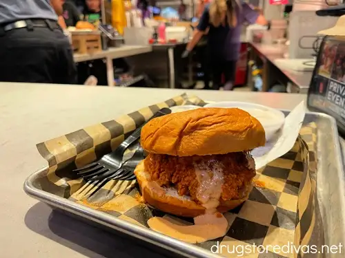 A chicken sandwich on a tray from Prince's Hot Chicken in Nashville.