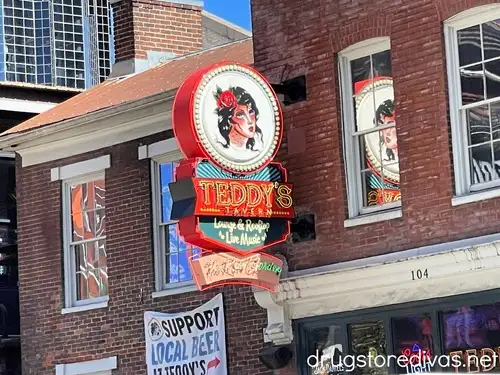 A neon sign on the outside of Teddy's Tavern in Nashville.
