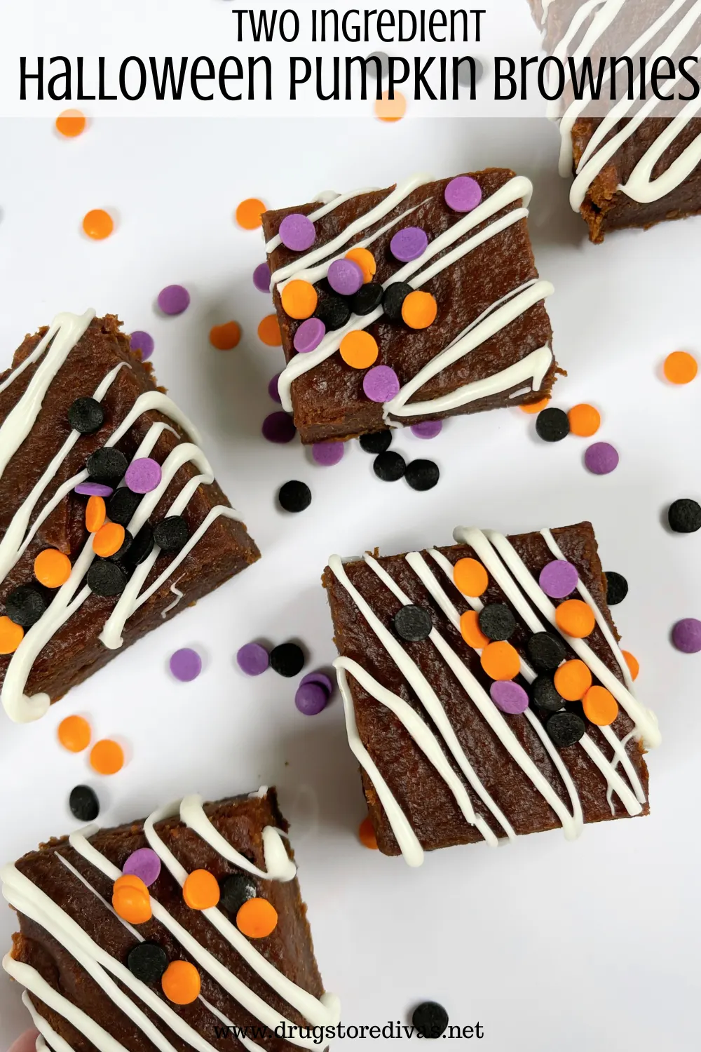 Brownies decorated with white lines and black, orange, and purple circle sprinkles, with those same sprinkles around them, on a white tray and the words 