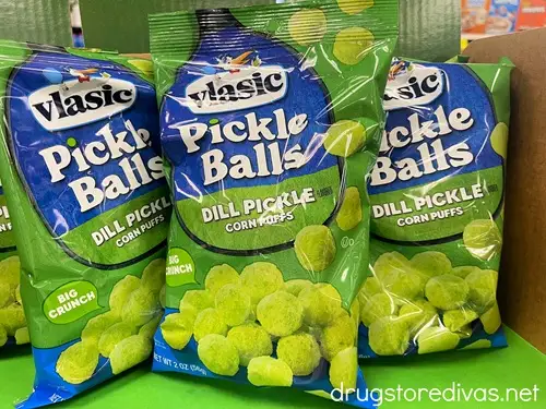 Bags of Vlasic pickle balls corn balls on a shelf.