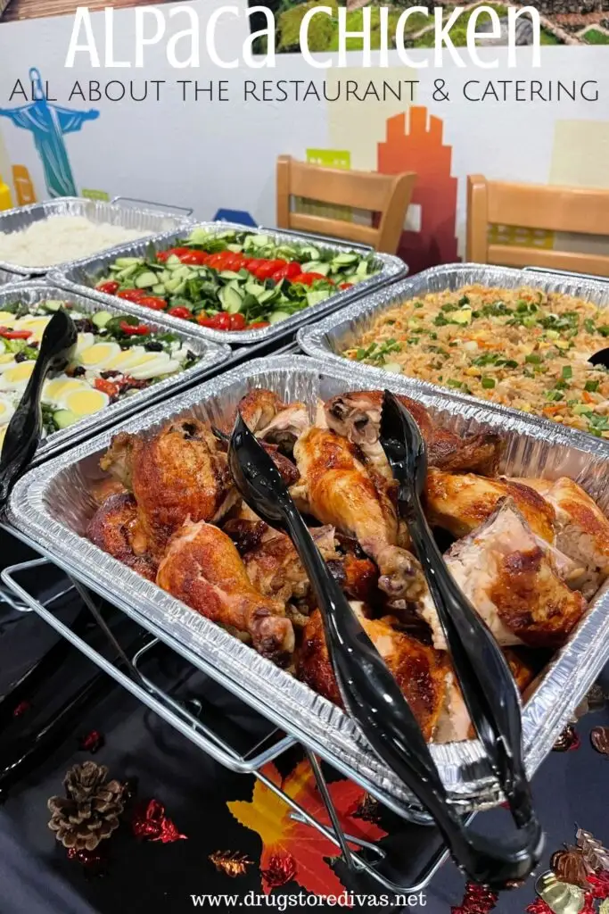 Catering trays of chicken, fried rice, and salads on a table with the words "Alpaca Chicken: All about the restaurant & catering" digitally written on top.