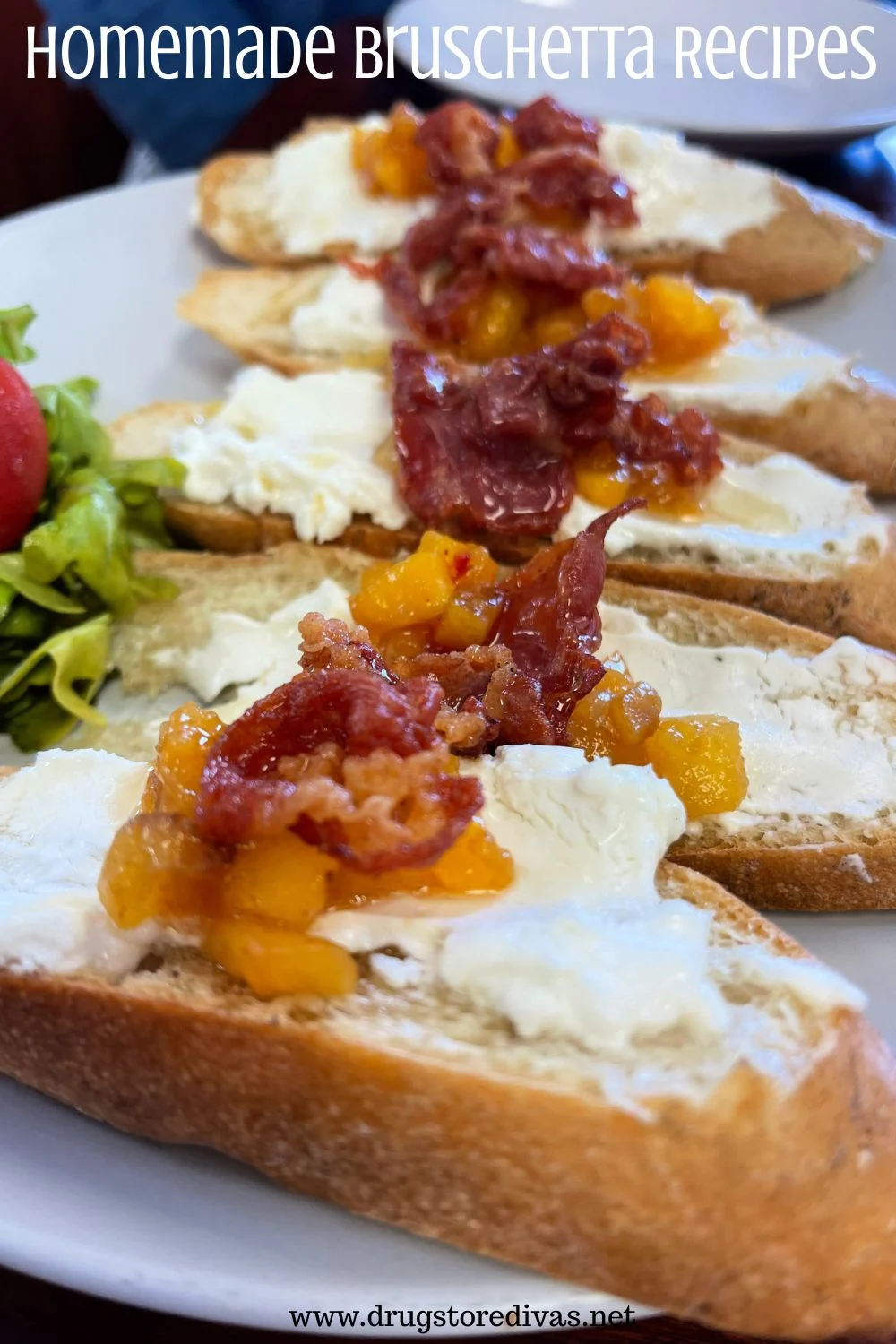 Pieces of bruschetta with goat cheese and diced peaches on top with the words 