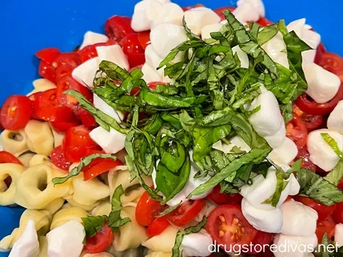 Sliced basil, mozzarella pearls, and sliced cherry tomatoes on top of cooked tortellini in a blue bowl.