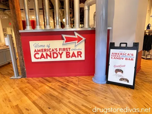 A sign in Goo Goo Chocolate in Nashville advertising that it is America's first combination candy bar.