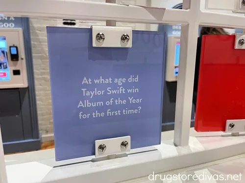 A blue square with a Taylor Swift trivia fact on it in Goo Goo Chocolate in Nashville.