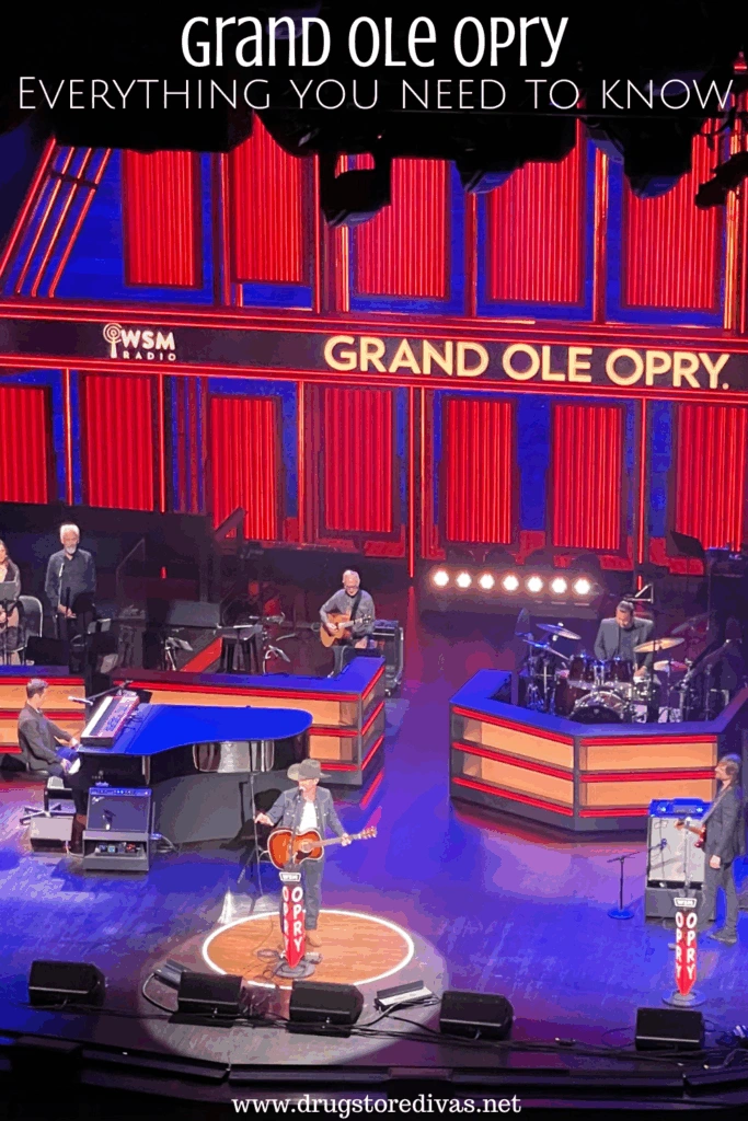 A band on stage at the Opry with the words "Grand Ole Opry everything you need to know" digitally written above them.