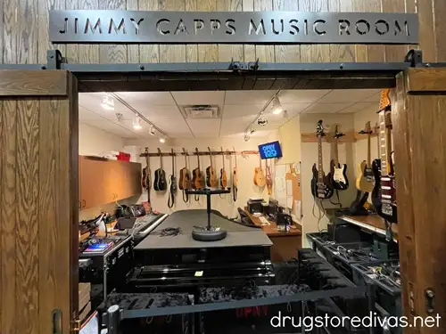 The Jimmy Capps Music Room filled with instruments backstage at the Grand Ole Opry.