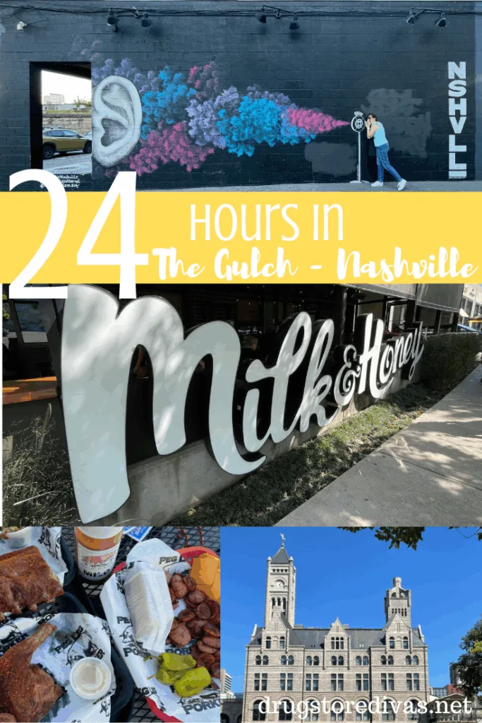 A collage of four scenes from Nashville with a yellow banner in the middle that says "24 Hours In The Gulch - Nashville".