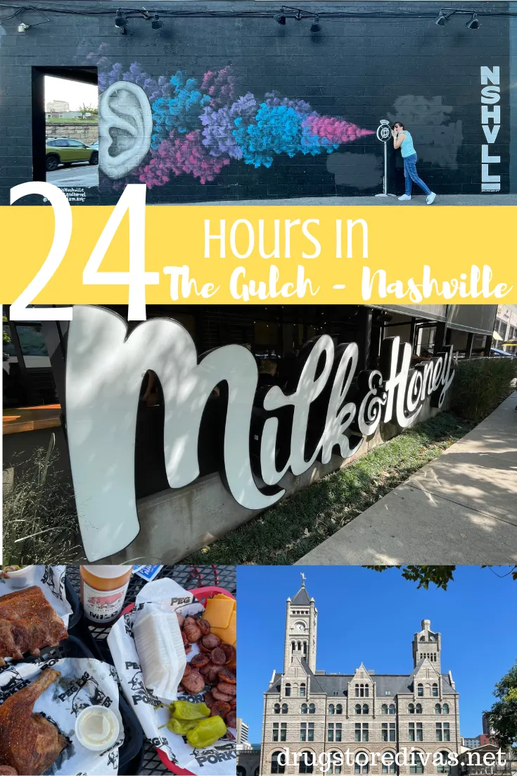 A collage of four scenes from Nashville with a yellow banner in the middle that says 