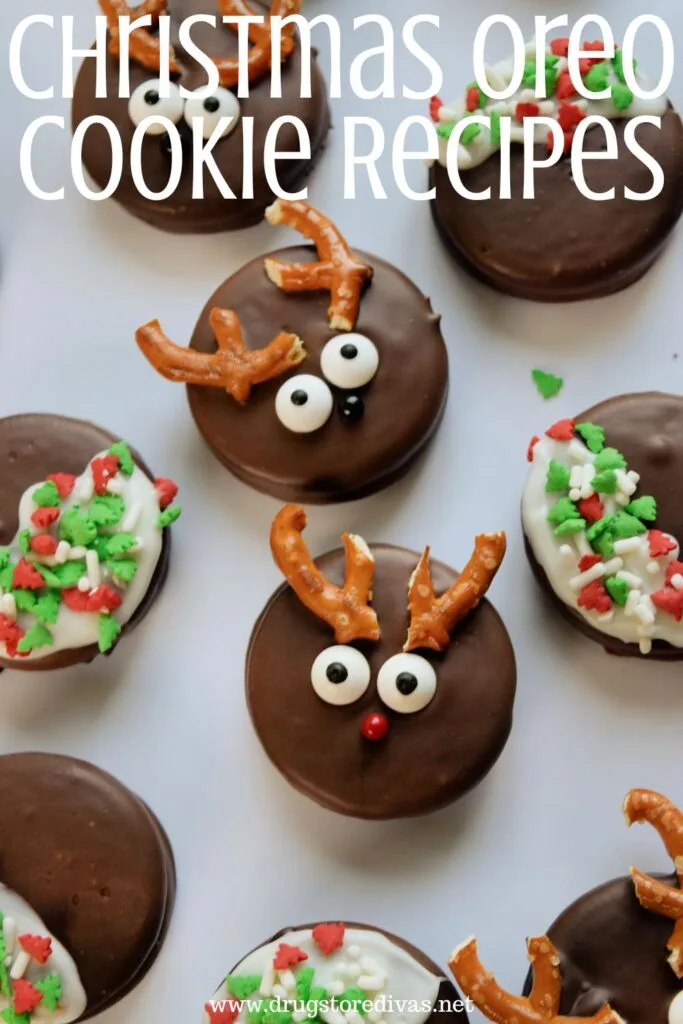 Oreo cookies decorated to look like reindeer and Oreo cookies decorated with Christmas sprinkles on a white tray with the words "Christmas Oreo Cookie Recipes" digitally written above them.