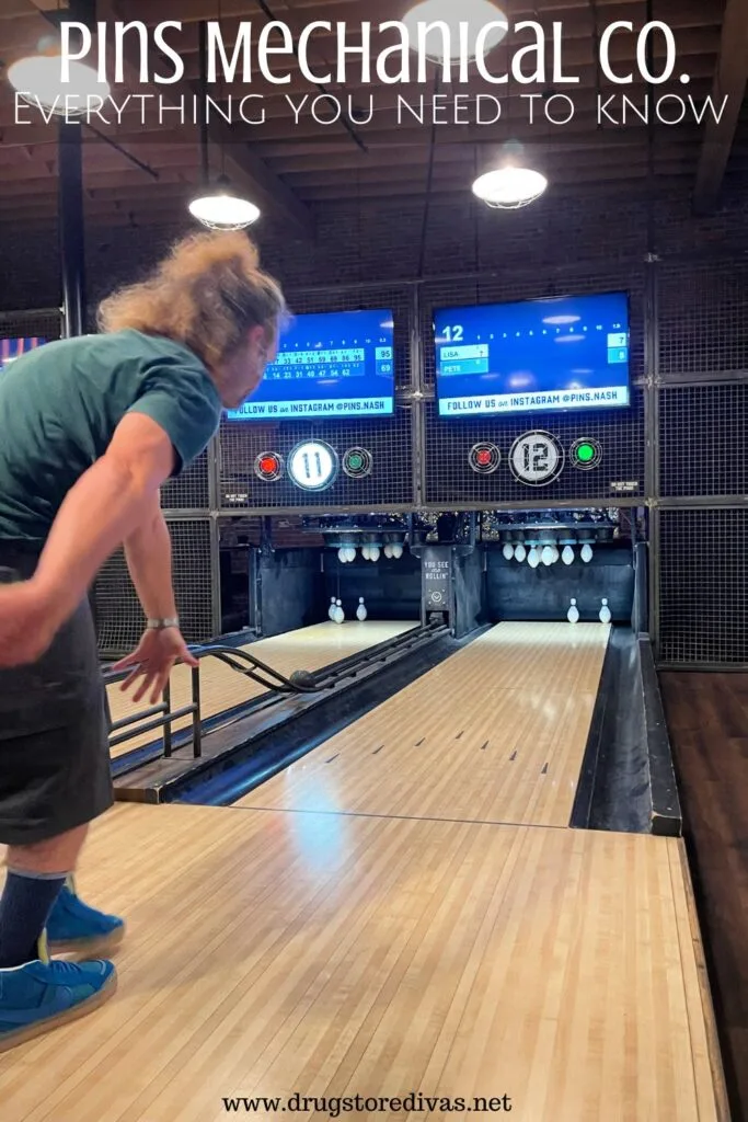 A man playing duckpin bowling on a lane with the words "Pins Mechanical Co. Everything you need to know" digitally written above him.