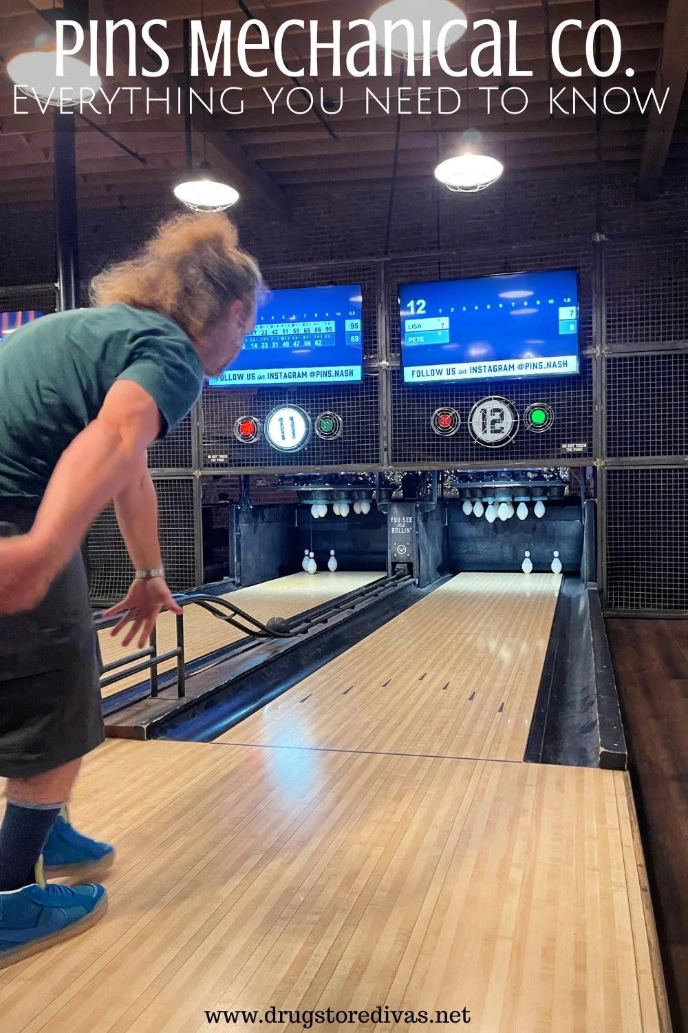 A man playing duckpin bowling on a lane with the words 