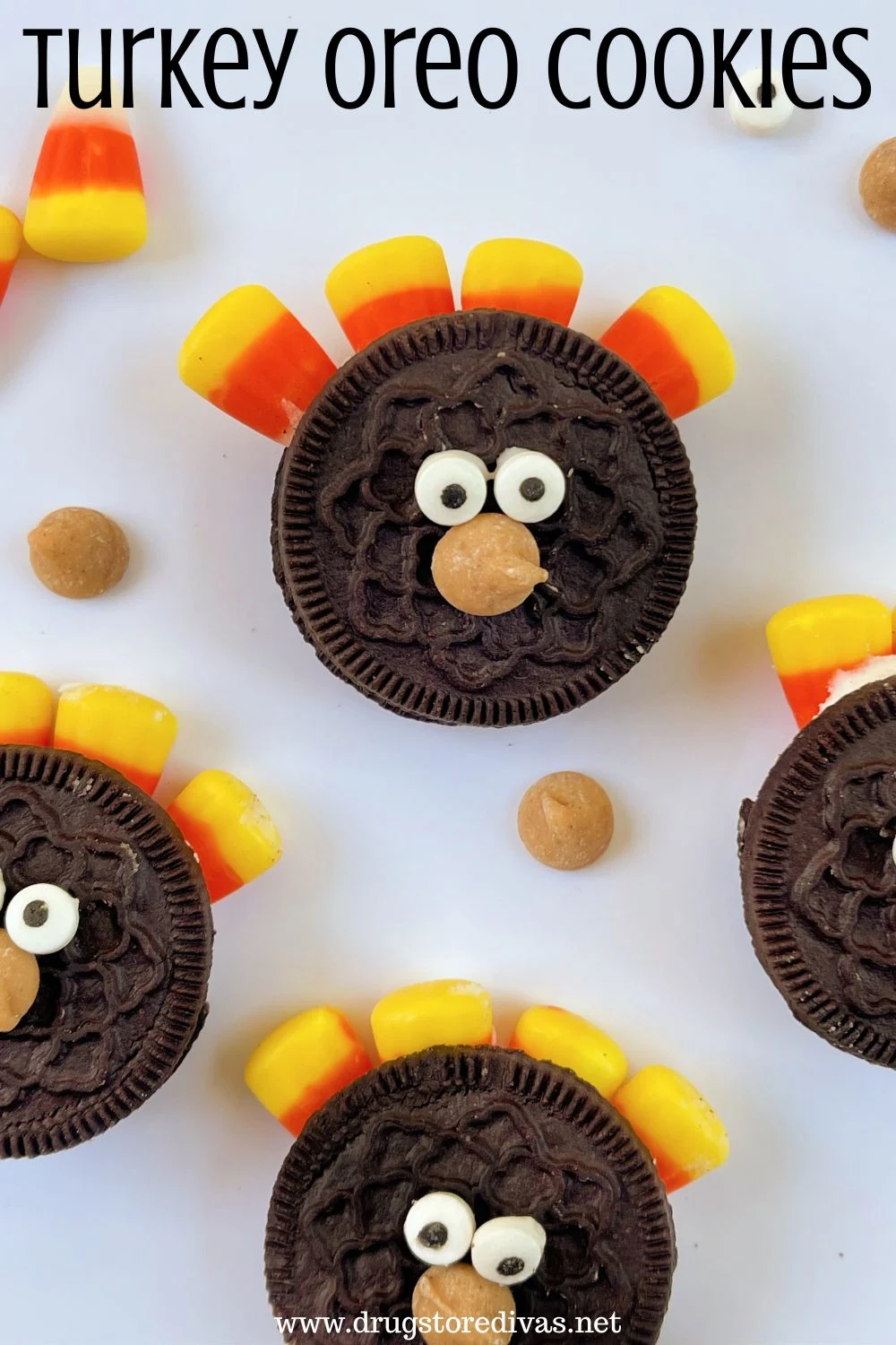 Oreo cookies decorated with candy corn, candy eyes, and chips to look like turkeys with the words 