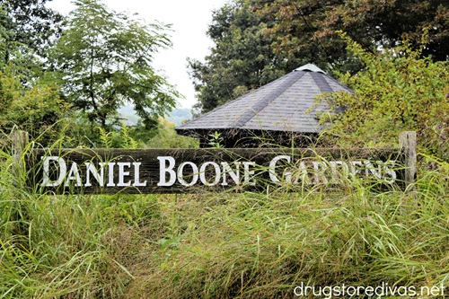 A sign behind greenery and in front of a building that says "Daniel Boone Gardens".