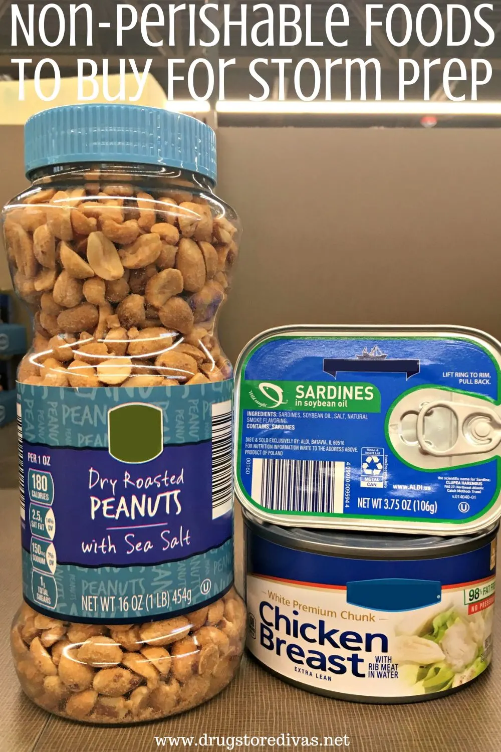 A container of peanuts, canned salmon, and canned chicken on a shelf with the words 
