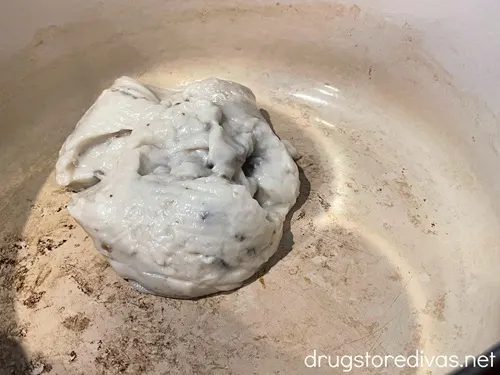 Cream of mushroom soup in a Dutch oven.