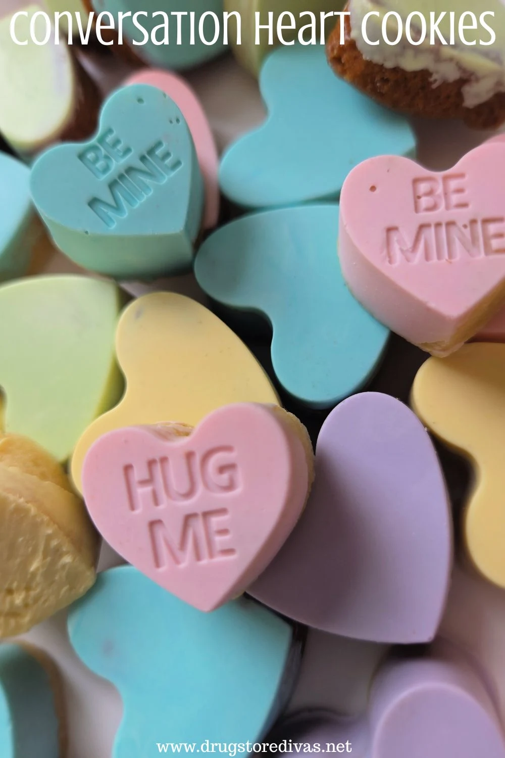 Cookies that look like conversation heart candies with the words 