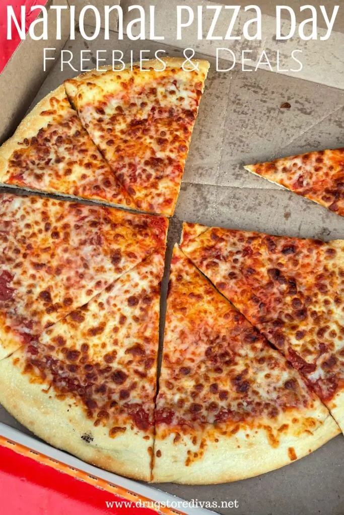 An open box of pizza with a slice missing and the words "National Pizza Day Freebies & Deals" digitally written on top.