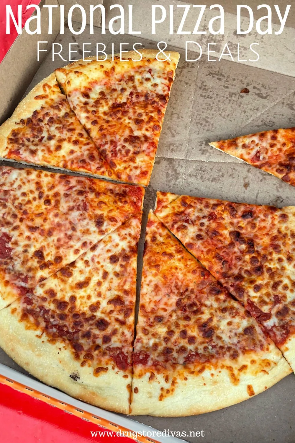 An open box of pizza with a slice missing and the words 