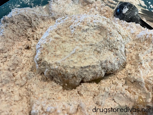 A chicken patty in seasoned breadcrumbs on a plate.