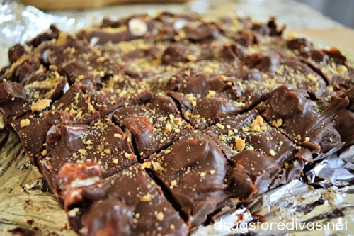 S'mores fudge on foil, cut into pieces.