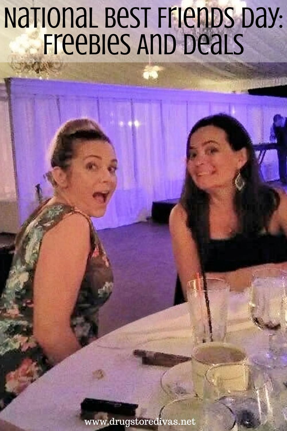 Two women sitting at a table in a ballroom with the words 