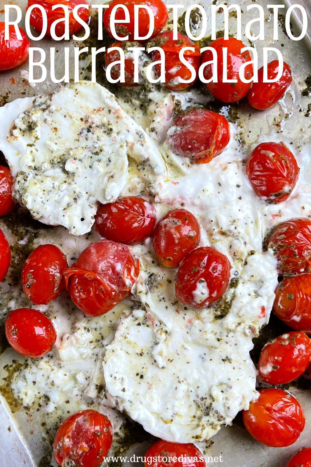 Cherry tomatoes and white cheese on a tray with seasoning on it and the words 