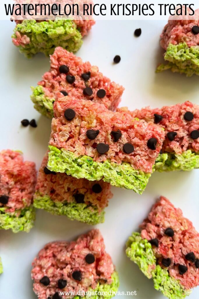 Rice Krispies Treats that look like watermelon slices on a white tray with the words "Watermelon Rice Krispies Treats" digitally written on top.