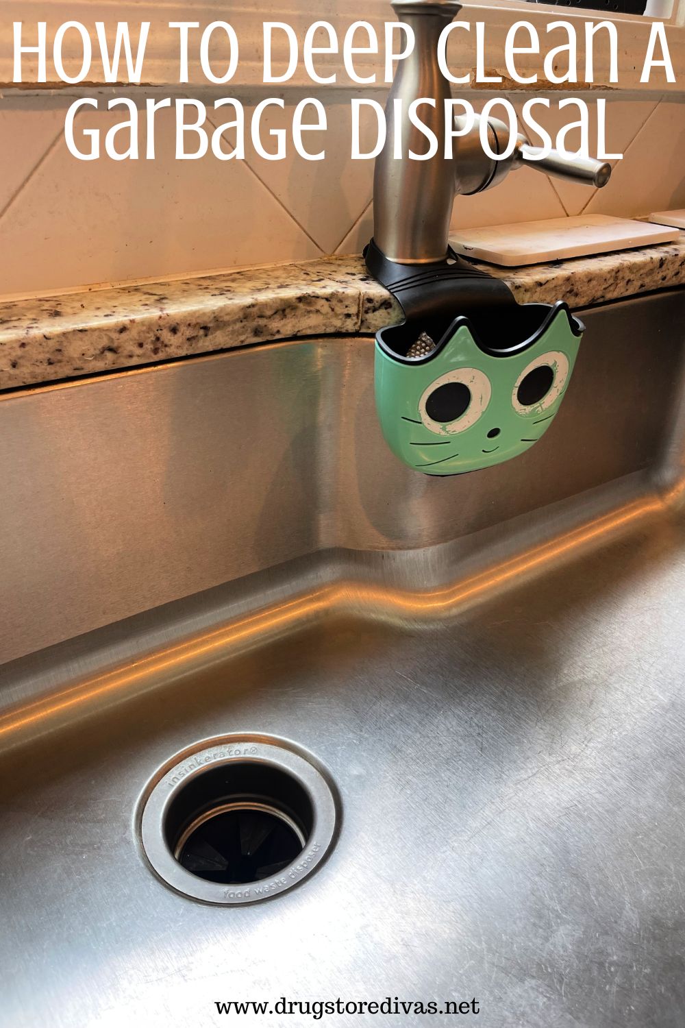A sink with a cat-shaped sponge holder on the faucet with the words 