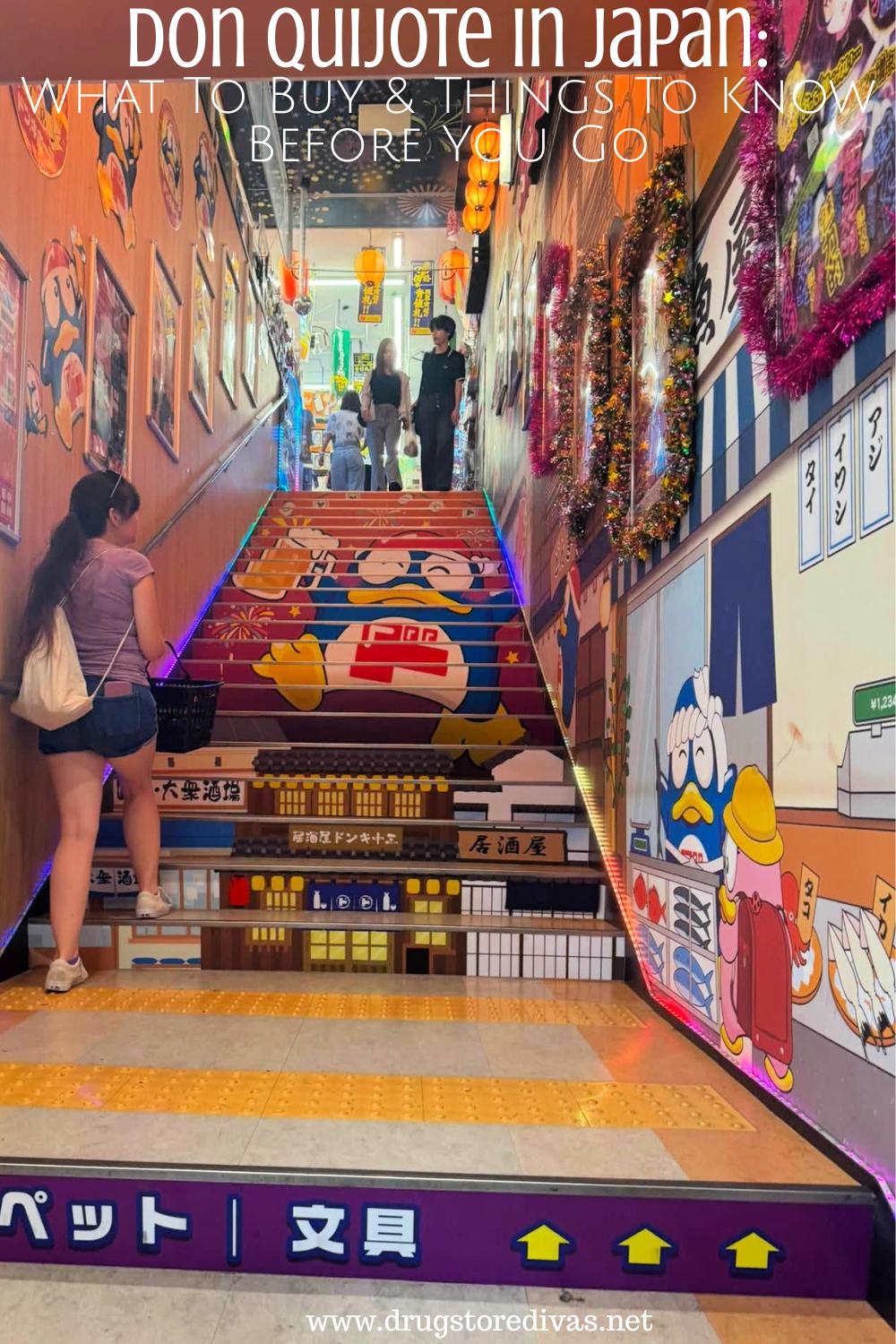 A woman walking up a flight of stairs in a Don Quijote store in Japan with the words 