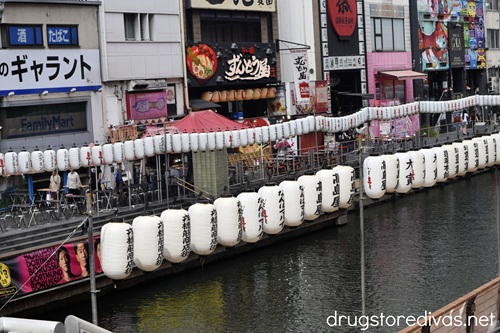 White Japanese lanterns along the Dotonbori Canal.