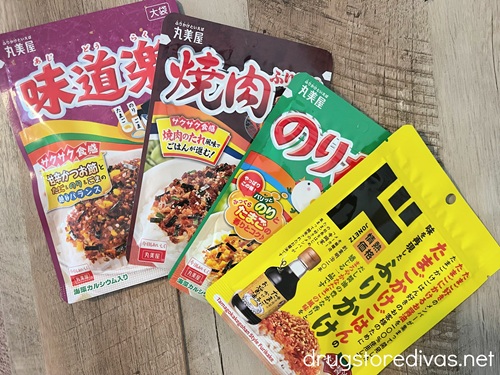 Four packages of furikake seasoning.