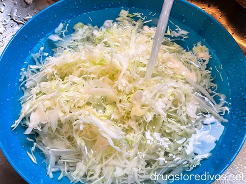Shredded cabbage in a blue bowl with water being poured on it.