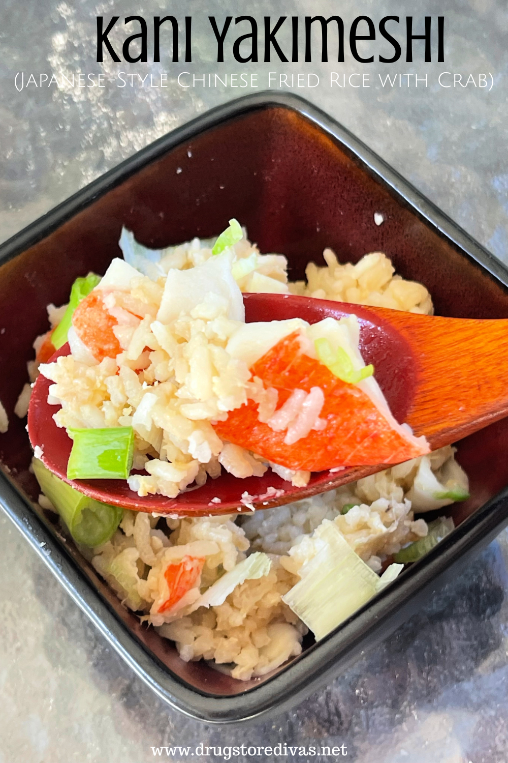 Rice, crab, and green onions in a bowl with some in a spoon with the words 