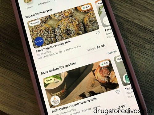 A phone open to bags available to buy in the Too Good To Go mobile app.